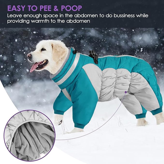 SUNFURA Full Body Dog Coat - Warm Fleece Jacket for Small Dogs, Turtleneck Winter Coats with Harness, Reflective Dog Snowsuit Windproof Puffer Jackets with Legs for Pug, Jack Russel, Turquoise S