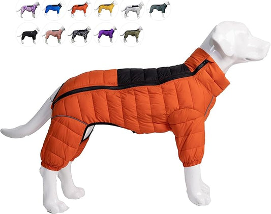 Warm Dog Coat, 4 Legs Covered Waterproof Windproof Reflective Vest, Zippered Adjustable Outdoor Snow Jacket for Small Medium Large Dogs Orange XXXL