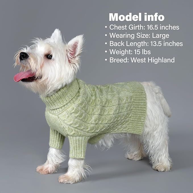 KYEESE Dog Sweater Warm Pet Coats with Classic Cable Knit Long Sleeve Knitwear Dogs Clothes, Turtleneck Stretchy Dog Sweater for Small Dogs, Green, Small