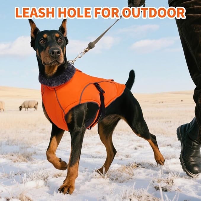 DENTRUN Extra Large Warm Dog Jacket - Windproof Water Repellent Reflective Coat, Adjustable Plush Turtleneck, Easy Wear Fleece Lined Cold Weather Vest for Great Dane, Orange, XXXL