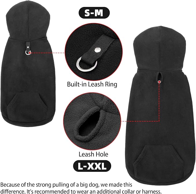 EXPAWLORER Dog Hoodie Fleece Sweater Vest, Hooded Dog Sweatshirt Fall Winter Pet Clothes with Leash Hole, Sleeveless Warm Cozy Puppy Clothing for Cat Small Medium Large Dogs Girl Boy, Black XL