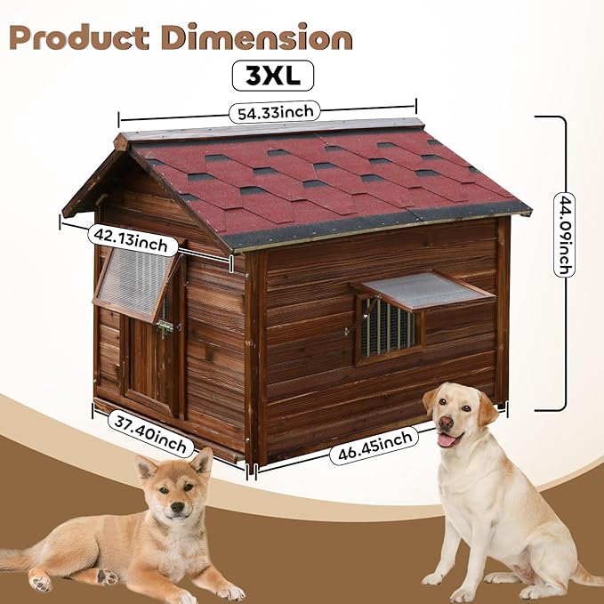 Large Dog House Outdoor Pine Wood Dog House with Weatherproof Asphalt Roof,Removable Floor,Lockable Door,Adjust Windows,Easy to Clean,Warm Insulated Dog Kennel for Large Breed Size Outside Use
