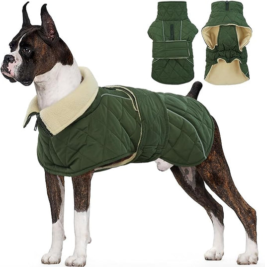 Kuoser Extra Warm Dog Jacket, Windproof Fleece Lined Turtleneck Snowsuit for Dogs, Easy On/Off Dog Coats for Medium Large Dogs, Quilted Cold Weather Pet Winter Coat Thermal Clothes, Green L