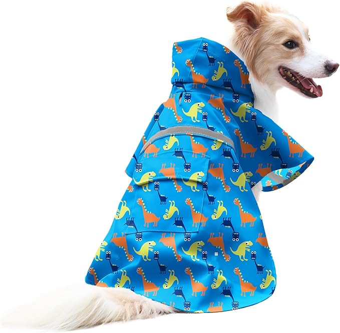 NACOCO Large Dog Raincoat Adjustable - Pet Dinosaurs Water Proof Clothes Lightweight Rain Jacket Poncho Hoodies with Strip Reflective Blue (XXXL, Blue Dinosaur)