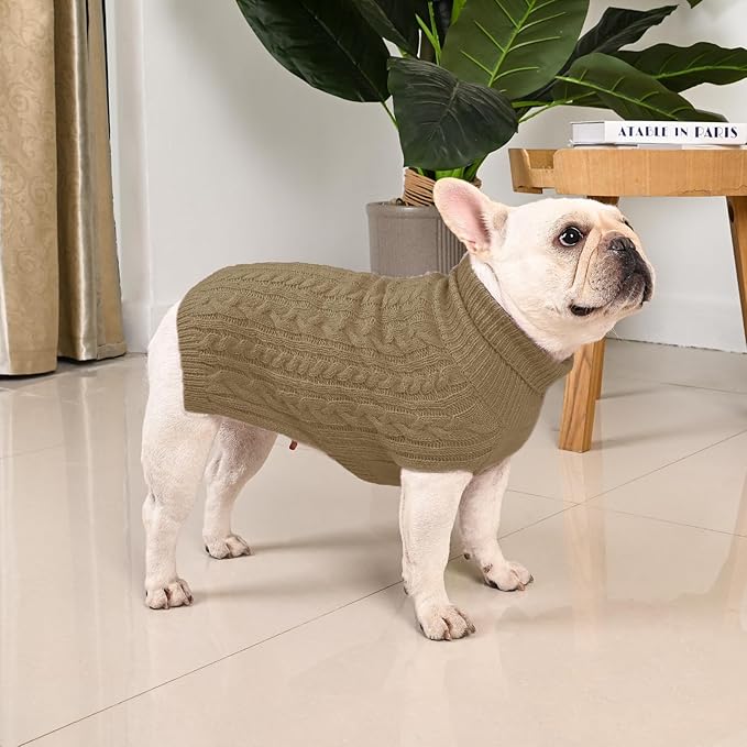2 Pack Dog Sweaters for Medium Dogs Turtleneck Pullover Cable Knit Stretch Clothes French Bulldog Dachshund Boston Terrier Corgi Beagle Pug Boy Girl Pets Winter Clothes (L, Green & Brown)