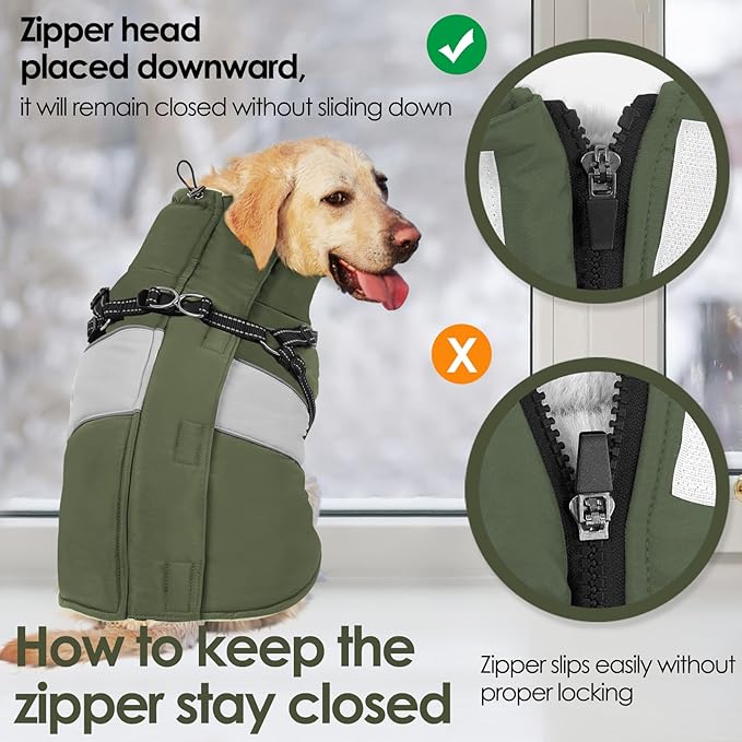 AOFITEE Dog Coat Warm Dog Winter Coat, Waterproof Dogs Jacket with Harness, Dogs Snow Jacket Snowsuit with Zipper & Furry Collar, Reflective Windproof Pet Sweater for Cold Weather, French Bulldog, L