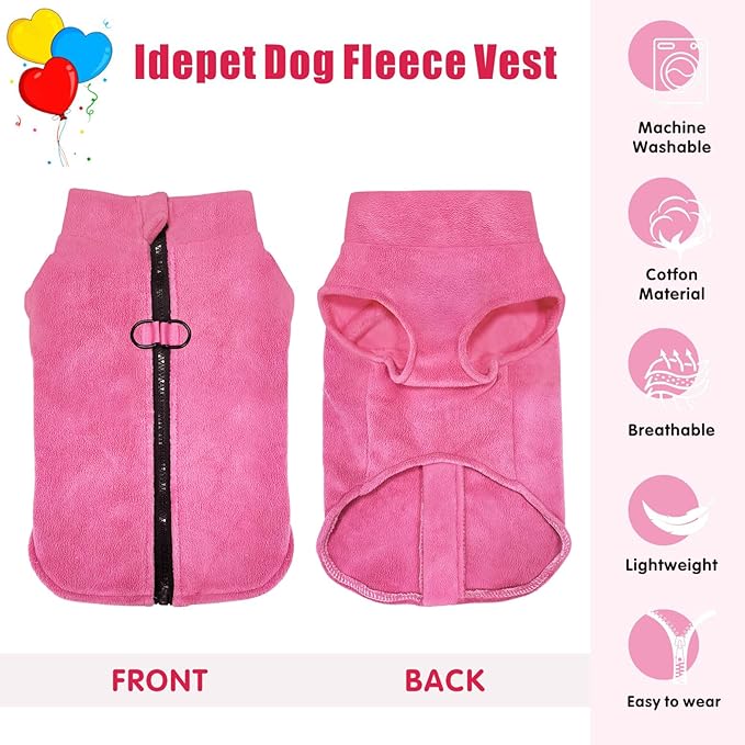 Idepet Dog Fleece Vest Sweater Zip Up Warm Pullover Dogs Jacket with D-Ring Leash Winter Cold Weater Coat Pet Sweatershirt Clothes Hoodie for Small Medium Dogs Boy Girl (Rose Red, L)