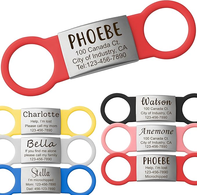 Anavia Slide On Silent Pet ID Tags, S/M/L/XL Personalized Multi-Color Silicone Band Cat Dog Name Tags, Customized Engraved Stainless Steel, Chew-Proof Quiet Dog Collar Tags (Medium, Red)