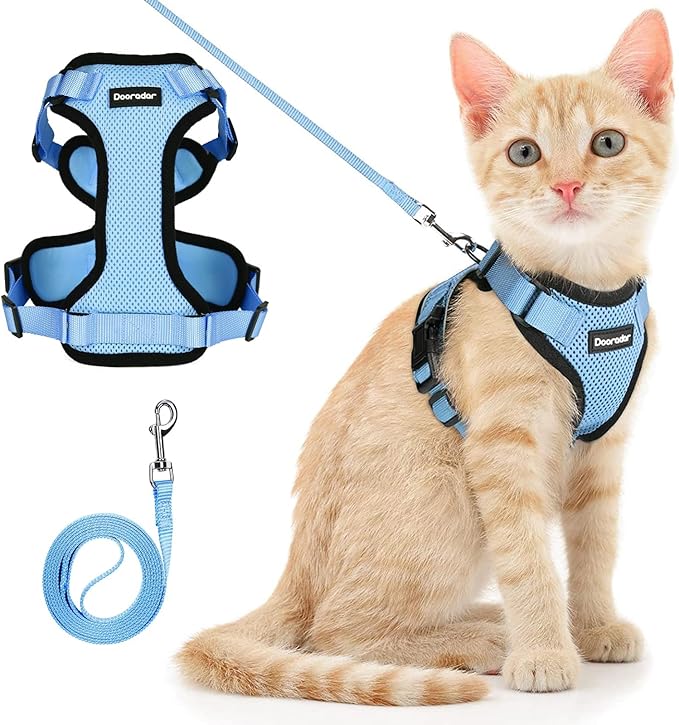 Dooradar Cat Harness and Leash Set, Escape Proof Safe Adjustable Kitten Vest Harnesses for Walking, Easy Control Soft Breathable Mesh Jacket with Reflective Strips for Cats,Light Blue, XS