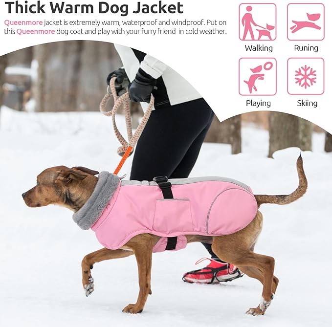 Queenmore Dog Jackets for Large Dogs, Fleece Dog Coats, Windproof Winter Large Breeds Jacket Winter, Reflective Pet Jackets, Pink, XXXL