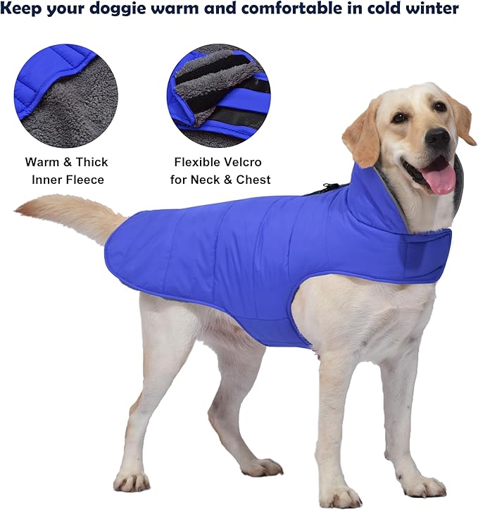 Dog Winter Coat, Waterproof Dog Jacket with Leash Hole, Reflective Adjustable Pet Snow Vest, Warm Fleece Sweater for Small Medium Large Dogs - Blue, L