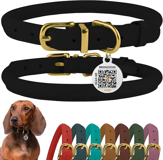 BronzeDog Rolled Leather Dog Collar with QR ID Tag, Adjustable Soft Round Collars for Small Medium Large Dogs Puppy (11" - 14 1/2" Neck Size, Black Night)