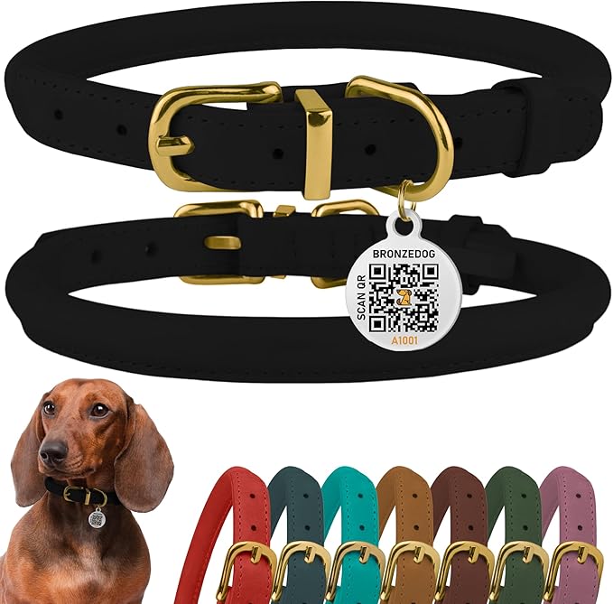 BronzeDog Rolled Leather Dog Collar with QR ID Tag, Adjustable Soft Round Collars for Small Medium Large Dogs Puppy (14" - 16" Neck Size, Black Night)