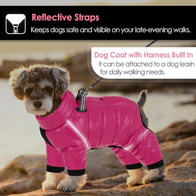 AOFITEE Dog Coat, Waterproof Dog Winter Jacket, Warm Fullbody Dogs Snowsuit, Winter Coat for Small Dogs, Zip Up Pet Puffer Jacket Fleece Vest, Outdoor Reflective Cold Weather Pet Coats, Rose Red L