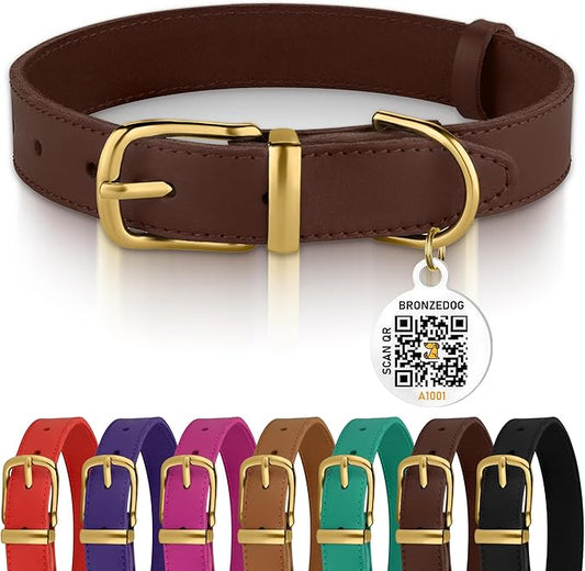 BRONZEDOG Leather Dog Collar with Metal Buckle Durable Basic Pet Collars for Small Medium Large Dogs (13-16 Inch (Pack of 1), Dark Brown & Gold Buckle)