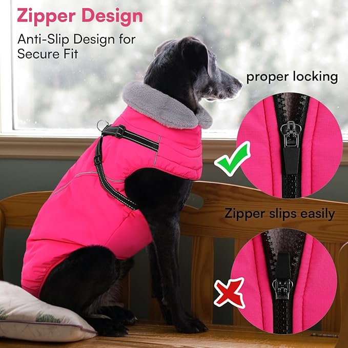 Queenmore Dog Jackets for Large Dogs, Dog Coat with Harness Built in,Waterproof Dogs Coats with Zipper On Back,Warm Fleece Lining Cold Weather Pet Coats with Furry Collar for Labrador,Rosered,L
