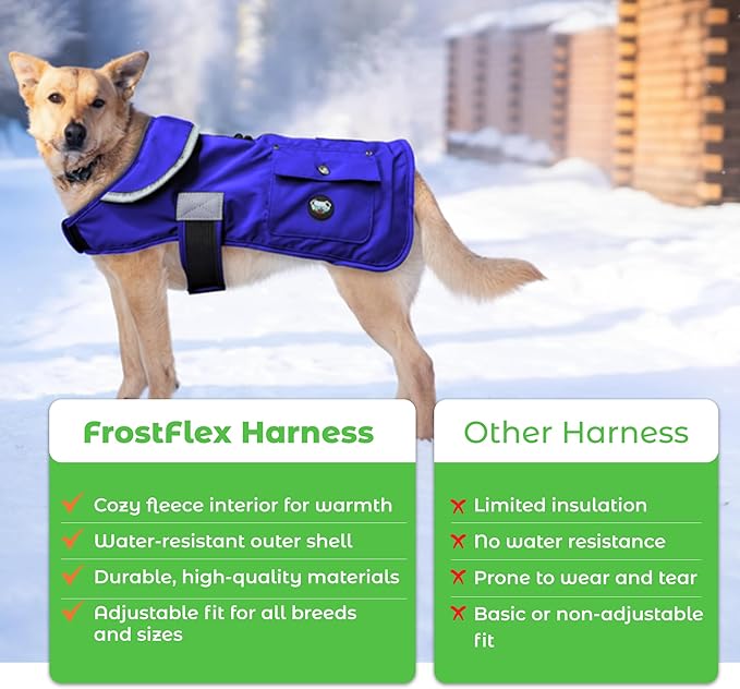 Joyride Harness FrostFlex Dog Winter Jacket - Fleece Lined & Water-Resistant - Snowsuit with Pockets for Treats & Poop Bags - Durable Cold Weather Dog Coat - Blue Serenity-XL