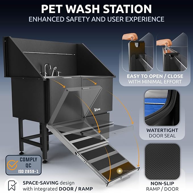 KANIS Black Line Professional Dog Washing Station - 304 Stainless Steel Pet Wash Sink & Grooming Bathtub w/Shower, Floor Grates and Storage for Large, Medium & Small Pets (50", 1 Drawer - Left Ramp)