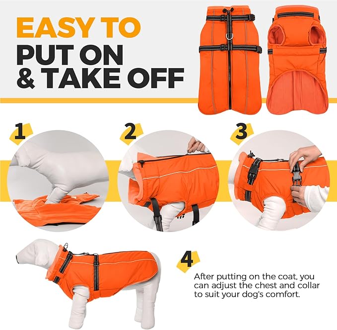 Lelepet Dog Winter Coat Waterproof Dog Jacket with Harness Built in Windproof Reflective Pet Coats for Small Medium Large Dogs, Thermal Fleece Lined Coats for Cold Weather Walking Hiking, Orange, XL