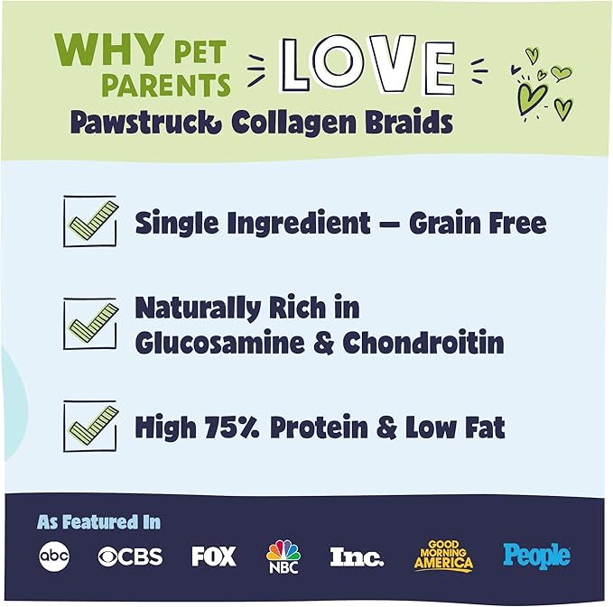 Pawstruck Natural Large 10-13” Beef Collagen Braids for Dogs – Long-Lasting Rawhide & Bully Stick Alternative, with Chondroitin & Glucosamine – 3 Pack
