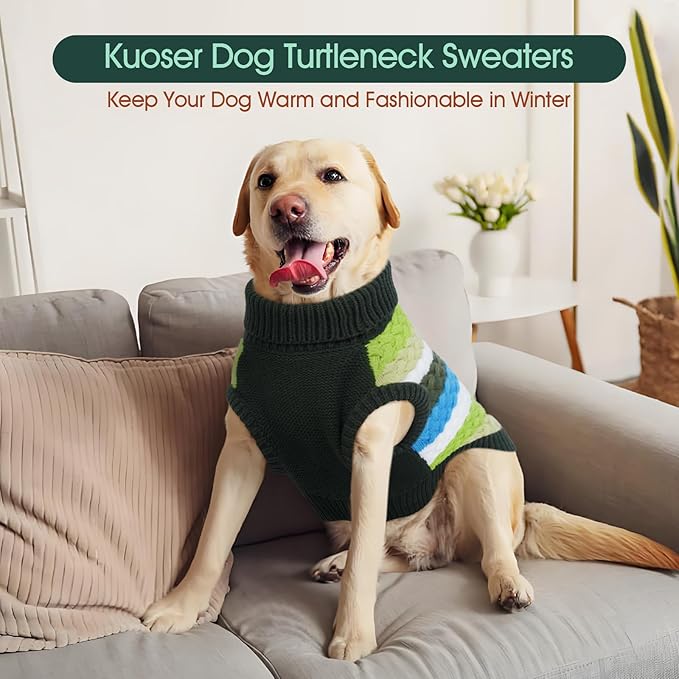 Kuoser Dog Sweater, Pet Cable Knitted Pullover Puppy Warm Clothes, Doggy Turtleneck Classic Knitwear Soft Thickening Doggie Outfit, Cold Weather Thermal Wear for Large Size Dogs, Green 2XL