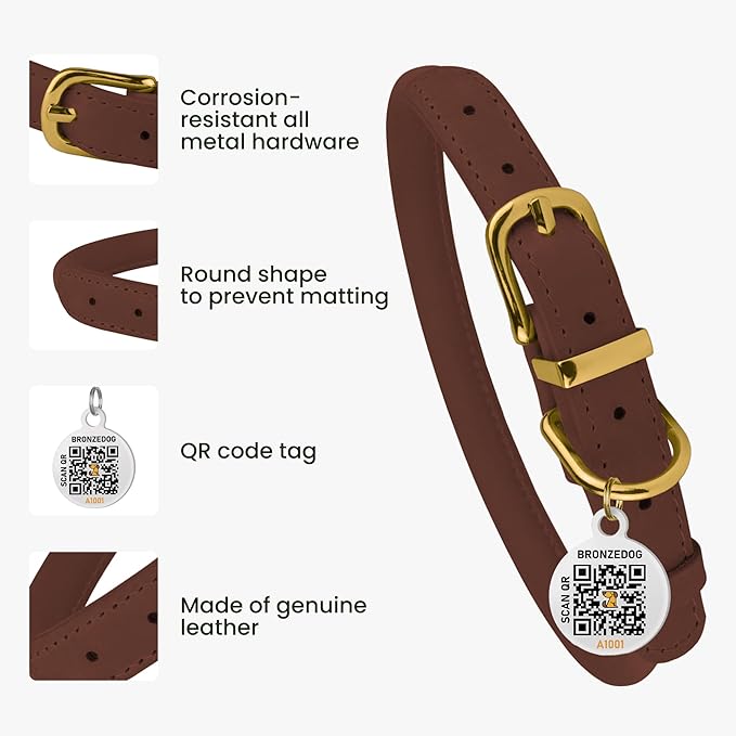 BronzeDog Rolled Leather Dog Collar with QR ID Tag, Adjustable Soft Round Collars for Small Medium Large Dogs Puppy (9" - 11" Neck Size, Cognac Brown)