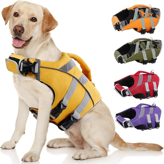Kuoser Dog Life Jacket with Reflective Stripes - Adjustable High Visibility Vest, Ripstop Lifesaver, Pet Preserver with High Flotation Swimsuit for Small, Medium and Large Dogs