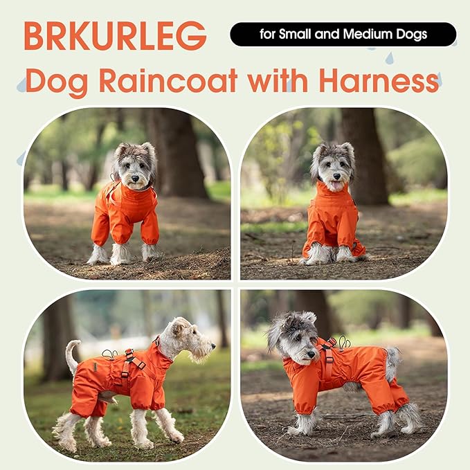 BRKURLEG Dog Raincoat for Small Dogs, Small Dog Rain Jacket with Harness Built in, Waterproof 4 Legs Pet Raincoats, Puppy Outdoor Jacket with Reflective Strip, Orange, S
