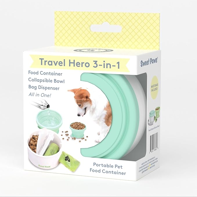 Sweet Paws Travel Hero 3-in-1 Portable Pet Food Container, Silicone Water Bowl, and Poop Bag Dispenser in One, Sea Glass