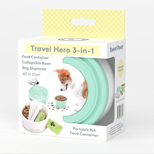 Sweet Paws Travel Hero 3-in-1 Portable Pet Food Container, Silicone Water Bowl, and Poop Bag Dispenser in One, Sea Glass