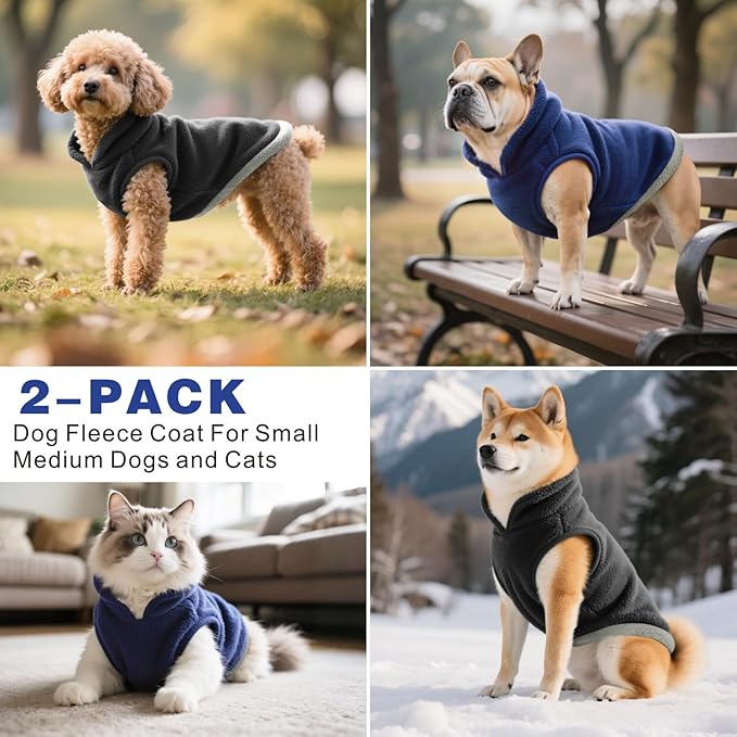 Idepet 2 Pack Dog Fleece Vest Sweater Warm Pullover Jacket with D-Ring Leash Reflective Winter Coat Hoodie for Puppy Cat French Bulldog Pug Chihuahuas Yorkies Dachshunds(Black&Blue,Large)