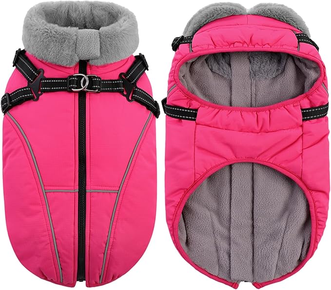 Queenmore Large Dog Coat,Dog Jacket for Extra Large Dogs with Harness Built in,Reflective Waterproof Dogs Jackets with Fleece Lining,Warm Snowsuit Pet Coats for Doberman,Labrador,Rosered,XXL