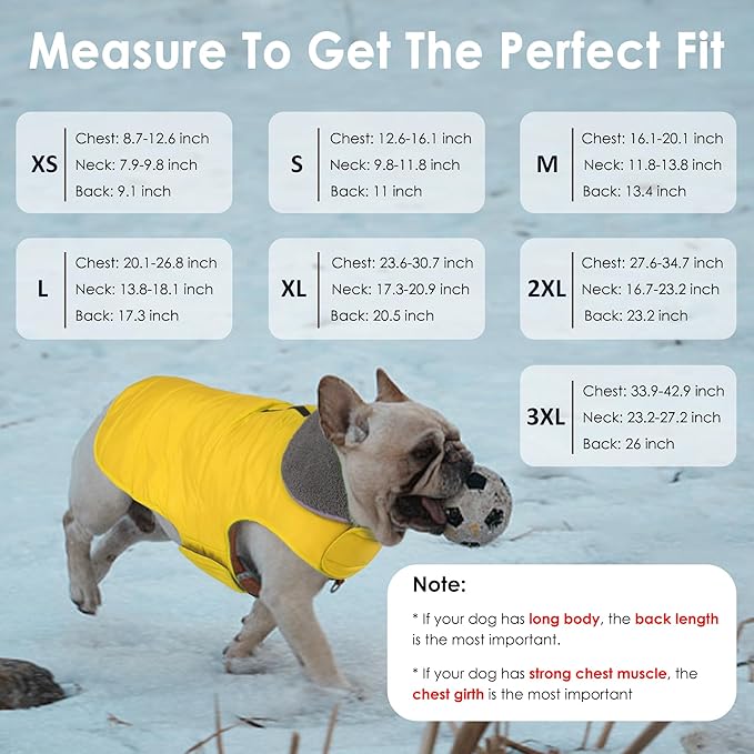 Dog Winter Coat, Waterproof Dog Jacket with Leash Hole, Reflective Adjustable Pet Snow Vest, Warm Fleece Sweater for Small Medium Large Dogs - Yellow, 2XL