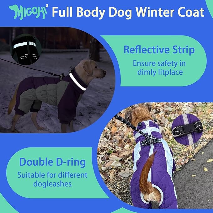 MIGOHI Full Body Dog Coat - Warm Reflective Small Dog Winter Coat with Harness, Turtleneck Fleece Jacket for Dogs,Four-Leg Windproof Puffer Jackets Snowsuit with Zipper for Small Medium Large Dogs,S