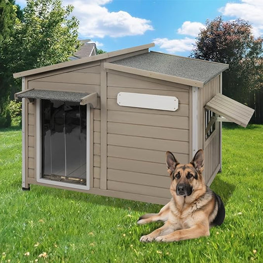 Large Outdoor Wooden Dog House, Weatherproof Dog Houses with Adjustable Vent Windows, Alloy Chew-Resistant Frame, Removable Floor for Medium & Large Dogs (43.5" L x 29.5" W x 33.5" H)