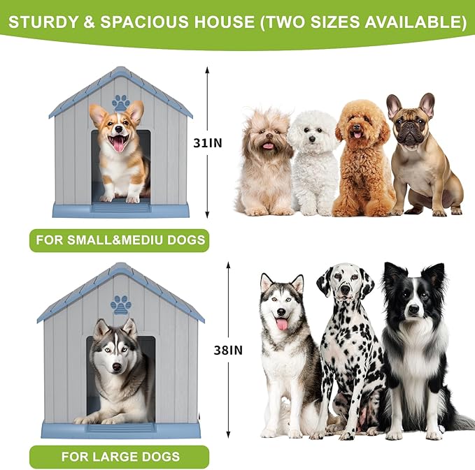 EasyUp Dog House Outdoor Indoor,Dog House Weatherproof Resin Shelter with Air Vents and Elevated Floor for Small Medium Large Dogs,Easy Clean and Assemble(31.18 * 33.7 * 32.52in, Blue)