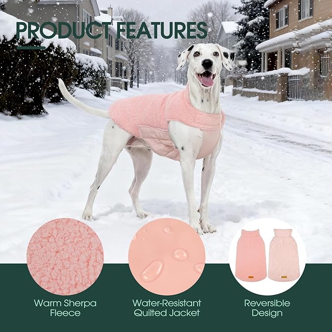 Kuoser Reversible Dog Coat – Warm Fleece & Quilted Waterproof Dog Jacket, Double-Sided Cold Weather Dogs Winter Coat with Harness Hole, Windproof Pet Snow Vest for Small Medium Large Dogs, Pink 3XL