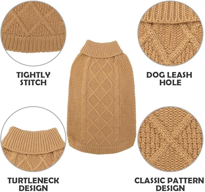 Mihachi Turtleneck Dog Sweater - Winter Coat Apparel Classic Cable Knit Clothes with Leash Hole for Cold Weather, Ideal Gift for Pet in New Year Beige 3XL