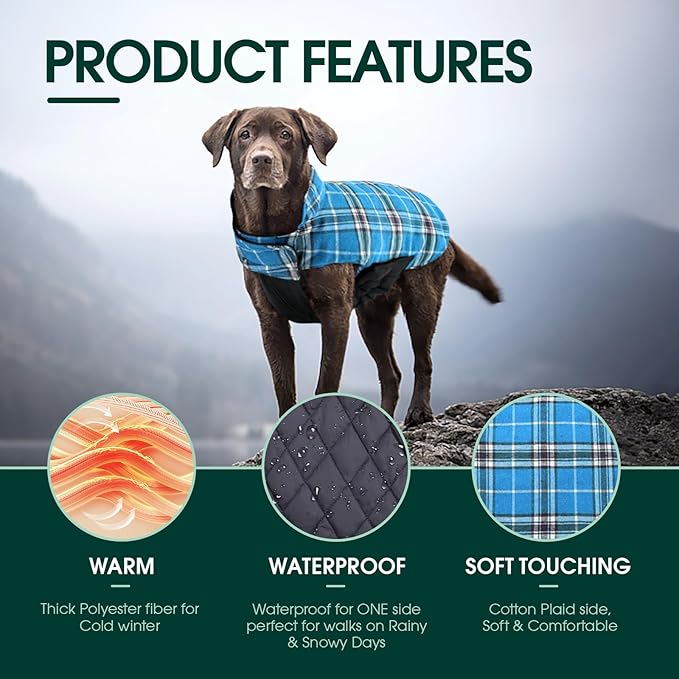 Kuoser Warm Dog Coat, Waterproof Dog Coats for X-Small Dogs, Adjustable Durable Doggie Winter Jacket Reversible Cozy Puppy Cold Weather Apparel from Small to Large Breed, Blue XS