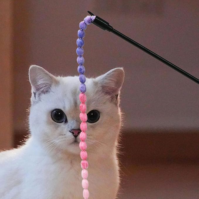 Interactive Cat Toys, 3 Pcs Cat Wand Toys for Indoor Kitten with Colorful Bead Shape Hemp Rope and Small Bell, Kitty Teaser String Toy for Indoor Cats to Chase and Exercise