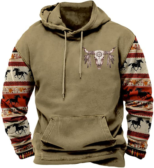 HOTYD Mens Western Aztec Sweatshirts Long Sleeve Fall Fashion Drawstring Pullover Vintage Graphic Cowboy Hoodie for Men