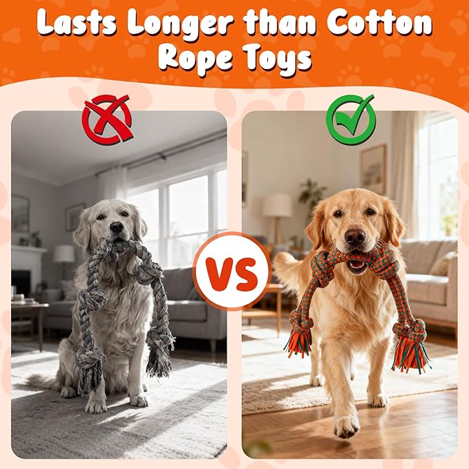 Heavy-Duty Dog Rope Toy — 6-Knot Super-Strength Fiber Tug Rope, Ideal for Powerful Chewers The First Super-Fiber Durable Chew Toy, Specifically Designed for Large and Medium-Sized Dogs (Large)