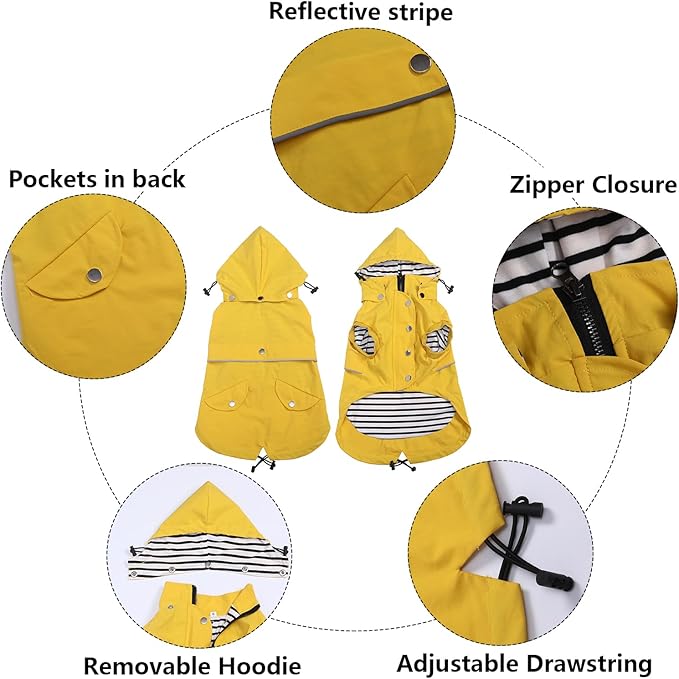 Dog Raincoat Waterproof Raincoats Dog rain Jacket Buttons Zipper Hood Drawstring Suitable for Small Medium Yorkie Terrier Schnauzer Poodle Border Collie Labrador 8lbs to 80lbs Yellow S