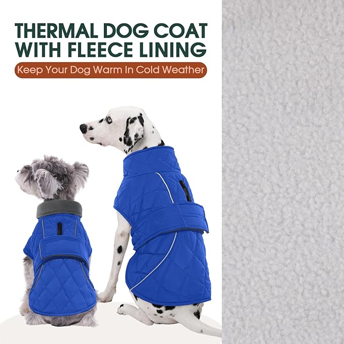 Kuoser Dog Coat, Extra Warm Dog Jacket Windproof Dogs Cold Weather Coats for Large Dogs, Fleece Lining Turtleneck Puppy Snowsuit Reflective Adjustable Pet Winter Clothes Christmas, Blue L