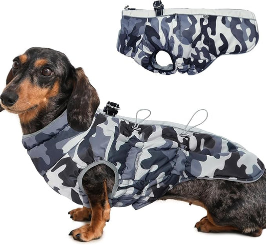 Medium Dog Coat Dog Winter Jacket,Warm Dog Coat with Harness Reflective Dog Snow Jacket Water-Resistant Dog Vest Zip Up Snowsuitfor Medium Dogs Jack Russell, Mini Schnauzer, Grey-Camouflage