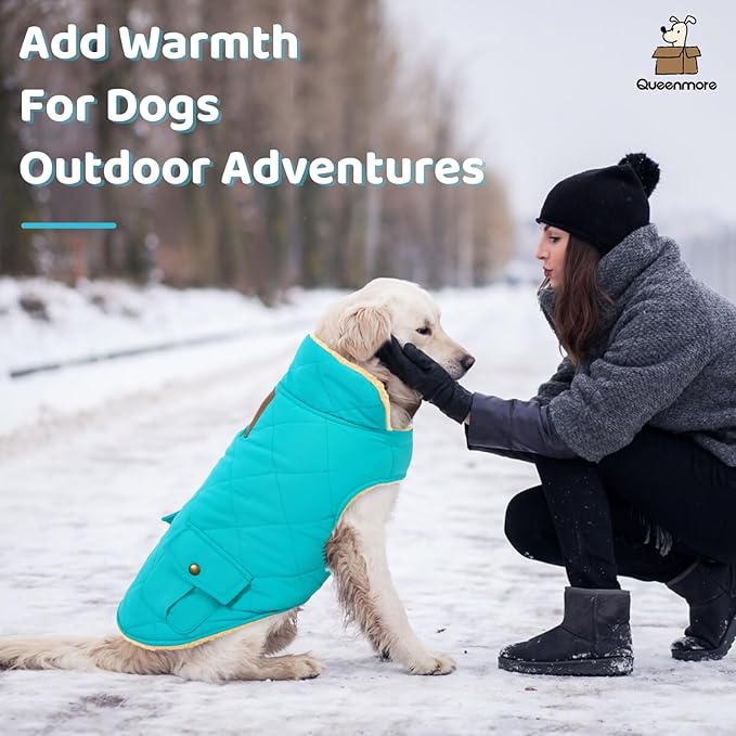 Queenmore Warm Dog Coat, Cold Weather Puffer Dog Coat Vest, Quilting Winter Pet Jacket Ultra Thick Plush Fleece Lining Pet Clothes for Dogs with Storage Pockets (Light Blue,X-Large)