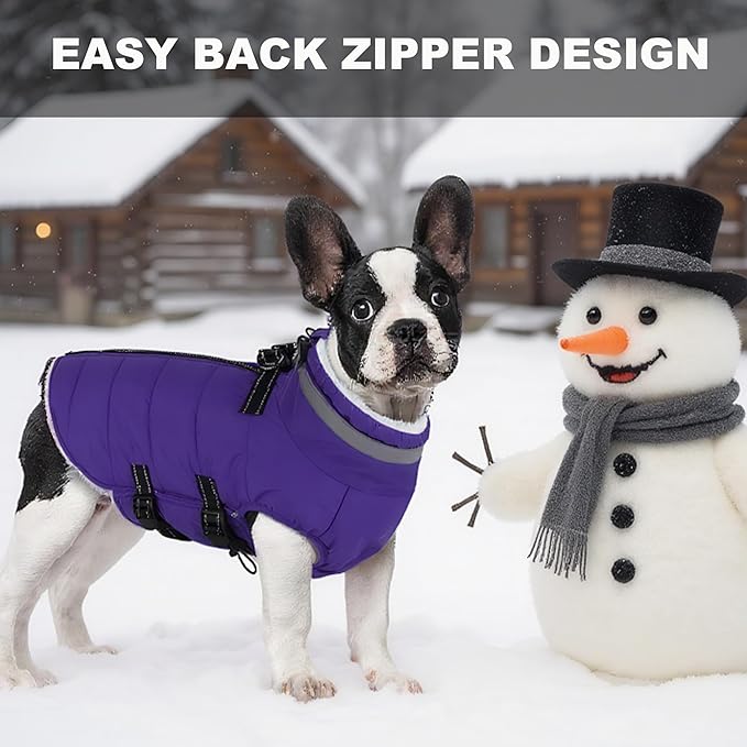 Small Dog Coat with Harness Built-in, Waterproof Reflective Fleece Lined - Warm Windproof Winter Jacket with Back Zipper, Cold Weather Snow Dog Coats - Purple - S