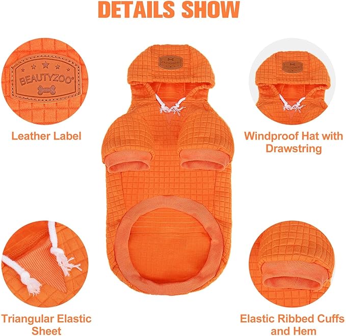 BEAUTYZOO Small Dog Hoodie Sweater with Pockets, Dog Clothes for Small Medium Dogs Boy Girl, Waffle-Like Laminated Cotton Pet Coats with Hat and Leash Hole, Orange XS