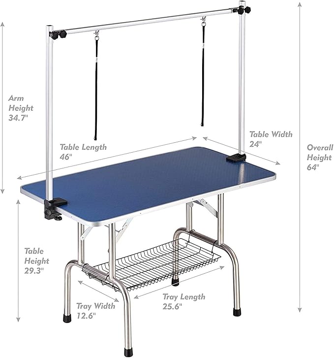 46" Dog Grooming Table Foldable Pet Grooming Tables with Adjustable Arm Noose Storage Mesh Tray Maximum Capacity Up to 330lbs Blue