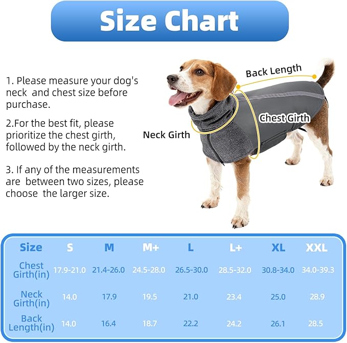 SlowTon Winter Dog Coat, Warm Polar Fleece Lining Doggie Outdoor Jacket with Turtleneck Scarf Reflective Stripe Adjustable Waterproof Windproof Puppy Vest Soft Pet Outfits (L+,Grey)